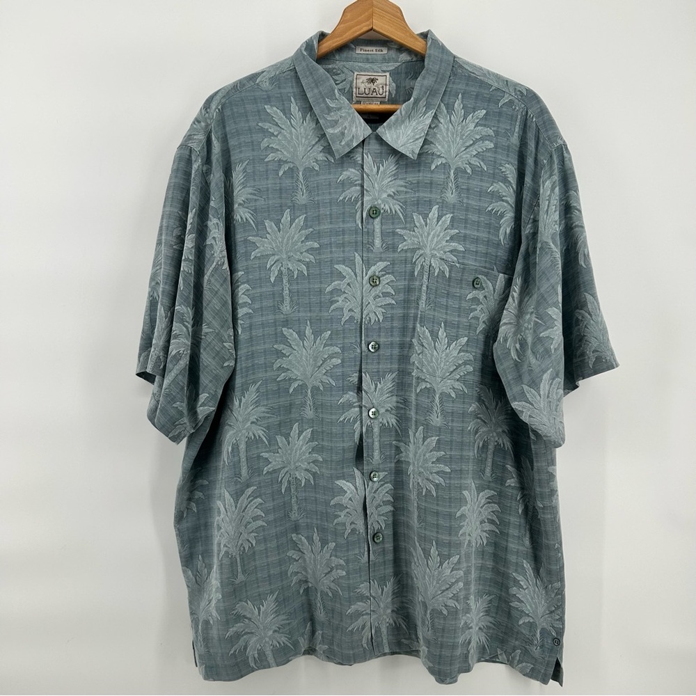 Luau Finest Silk Hawaiian Shirt Mens XL 100% Silk Palm Tree Aloha Tropical Camp
